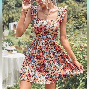 Romwe - Tie Back Ruffle Strap Dress in Floral Print, S.